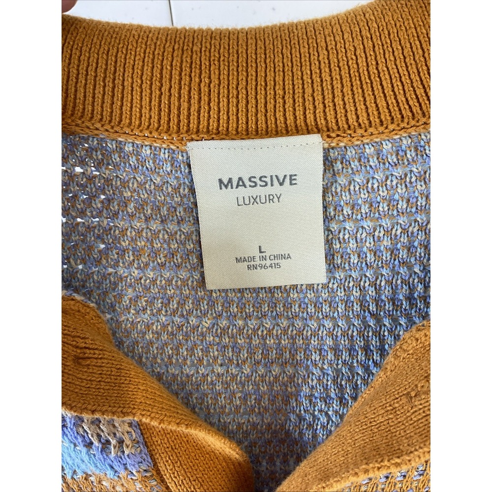 Massive Luxury Open Weave Knit Polo Button Up Men's Size L Blue Brown Resort - Picture 4 of 8